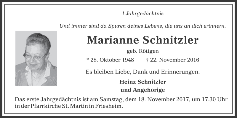  Traueranzeige für Marianne Schnitzler vom 15.11.2017 aus  Werbepost 