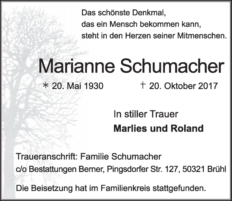  Traueranzeige für Marianne Schumacher vom 08.11.2017 aus  Schlossbote/Werbekurier 