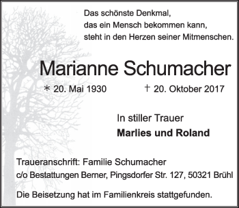 Anzeige von Marianne Schumacher von  Schlossbote/Werbekurier 