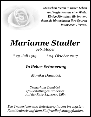 Anzeige von Marianne Stadler von Kölner Stadt-Anzeiger / Kölnische Rundschau / Express