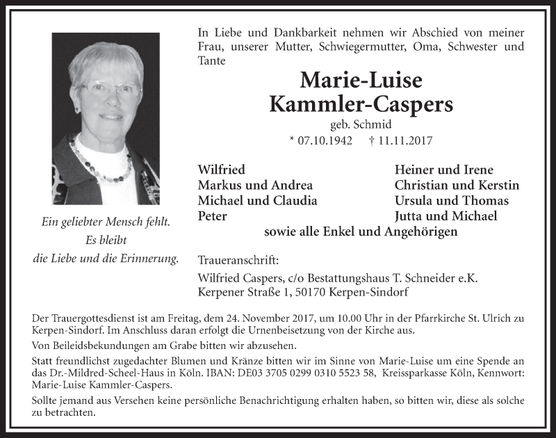  Traueranzeige für Marie-Luise Kammler-Caspers vom 18.11.2017 aus  Sonntags-Post 