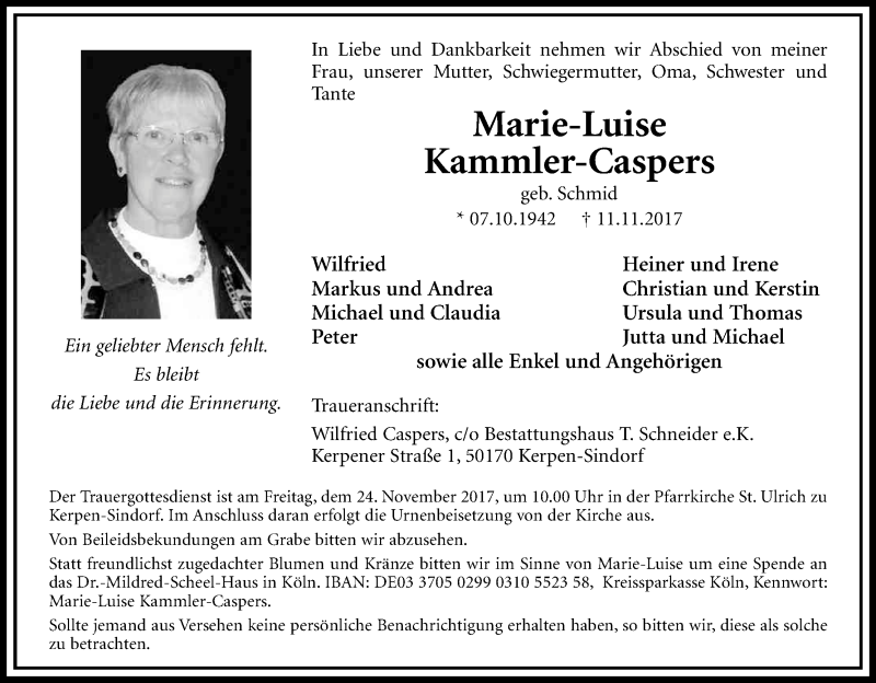  Traueranzeige für Marie-Luise Kammler-Caspers vom 18.11.2017 aus Kölner Stadt-Anzeiger / Kölnische Rundschau / Express