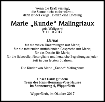 Anzeige von Marie  Malingriaux von Kölner Stadt-Anzeiger / Kölnische Rundschau / Express
