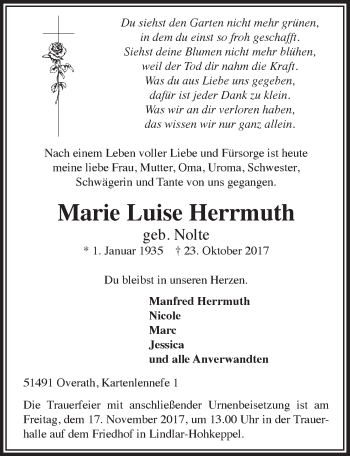 Anzeige von Marie Luise Herrmuth von  Bergisches Sonntagsblatt 
