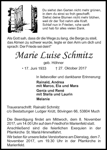 Anzeige von Marie Luise Schmitz von Kölner Stadt-Anzeiger / Kölnische Rundschau / Express