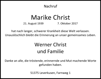 Anzeige von Marike Christ von Kölner Stadt-Anzeiger / Kölnische Rundschau / Express
