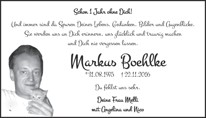  Traueranzeige für Markus Boehlke vom 18.11.2017 aus  Blickpunkt Euskirchen 
