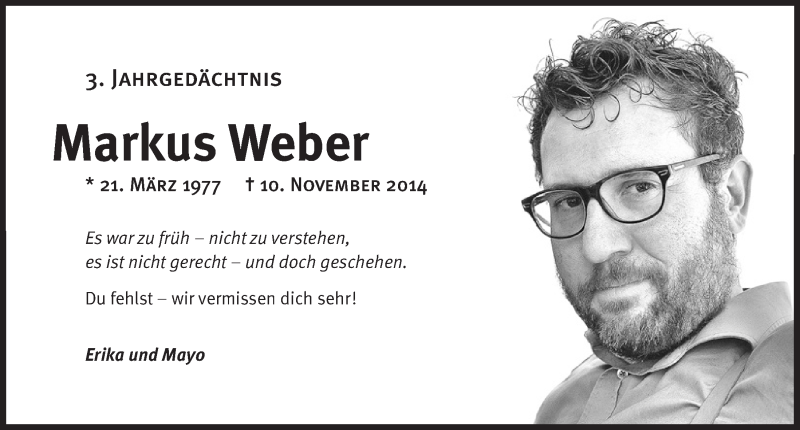  Traueranzeige für Markus Weber vom 08.11.2017 aus  Kölner Wochenspiegel 