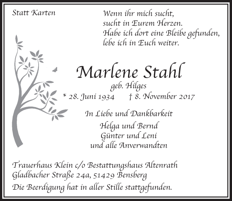  Traueranzeige für Marlene Stahl vom 15.11.2017 aus  Bergisches Handelsblatt 