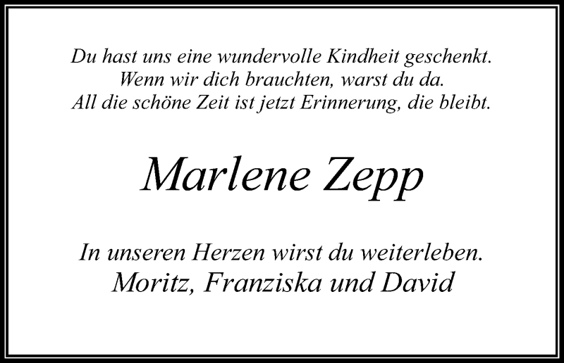  Traueranzeige für Marlene Zepp vom 06.11.2017 aus Kölner Stadt-Anzeiger / Kölnische Rundschau / Express