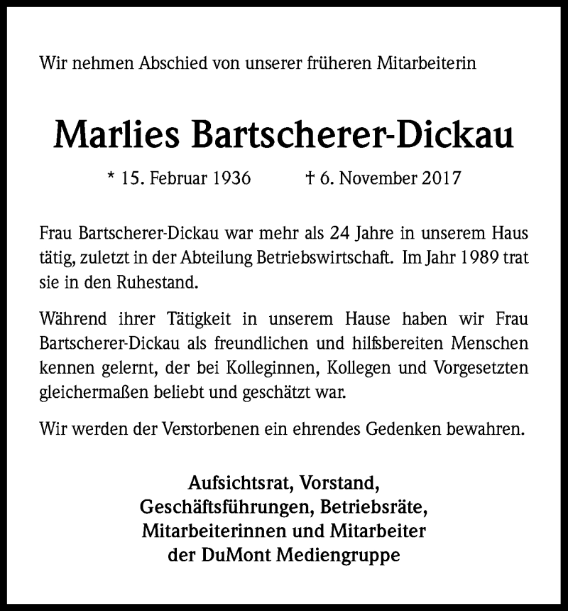  Traueranzeige für Marlies Bartscherer-Dickau vom 11.11.2017 aus Kölner Stadt-Anzeiger / Kölnische Rundschau / Express
