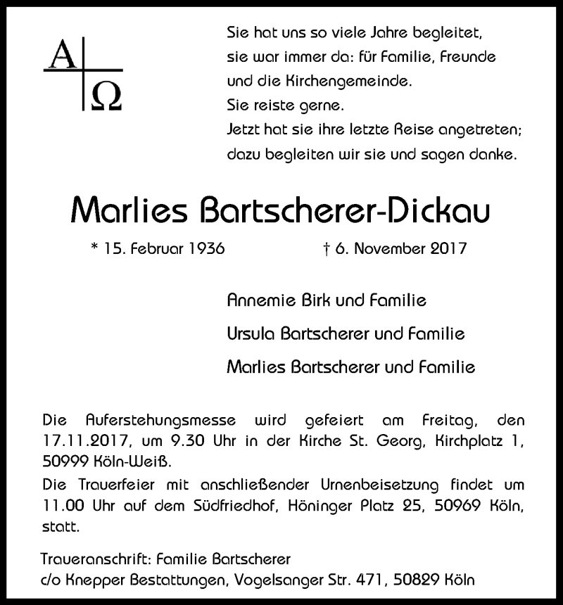  Traueranzeige für Marlies Bartscherer-Dickau vom 11.11.2017 aus Kölner Stadt-Anzeiger / Kölnische Rundschau / Express