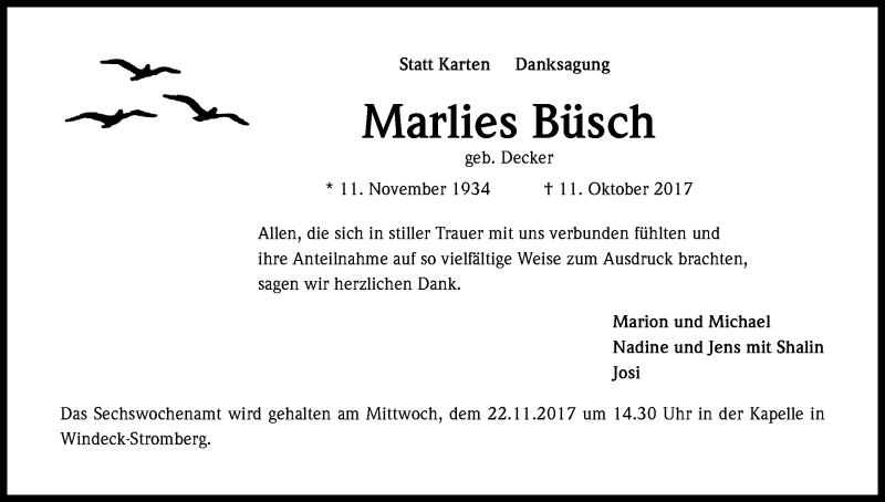  Traueranzeige für Marlies Büsch vom 18.11.2017 aus Kölner Stadt-Anzeiger / Kölnische Rundschau / Express