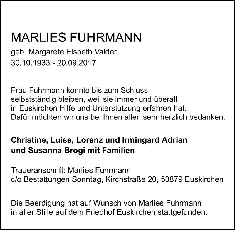  Traueranzeige für Marlies Fuhrmann vom 04.11.2017 aus  Blickpunkt Euskirchen 