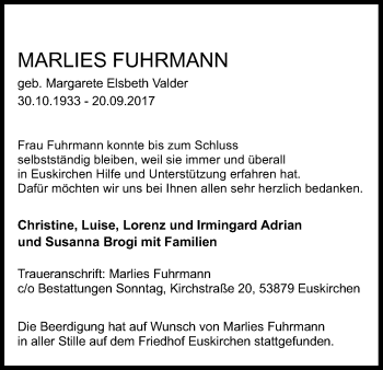Anzeige von Marlies Fuhrmann von Kölner Stadt-Anzeiger / Kölnische Rundschau / Express