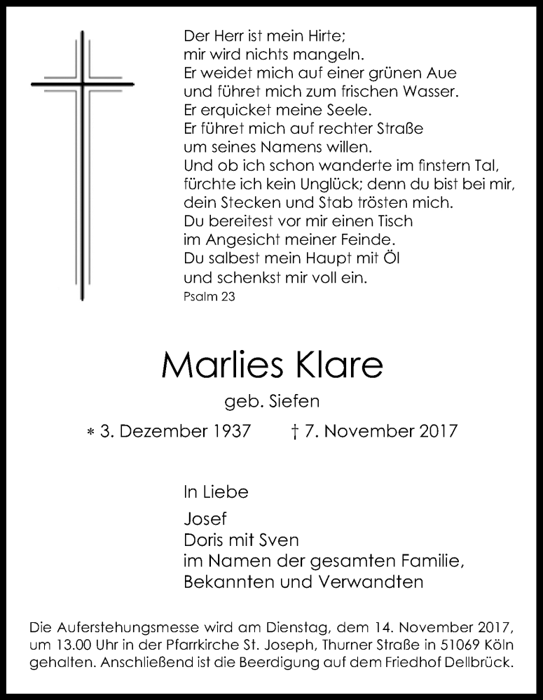  Traueranzeige für Marlies Klare vom 11.11.2017 aus Kölner Stadt-Anzeiger / Kölnische Rundschau / Express