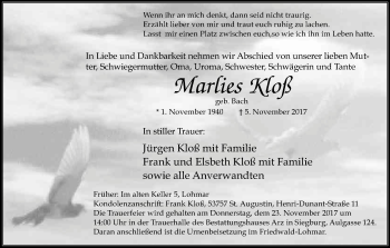 Anzeige von Marlies Kloß von Kölner Stadt-Anzeiger / Kölnische Rundschau / Express
