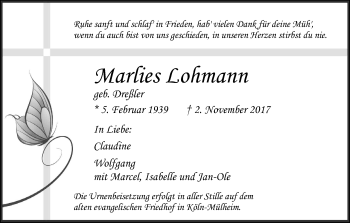 Anzeige von Marlies Lohmann von Kölner Stadt-Anzeiger / Kölnische Rundschau / Express