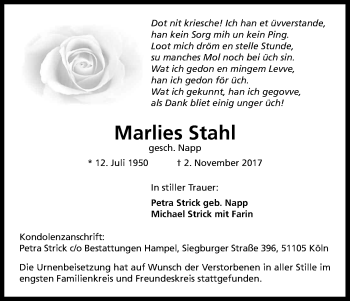 Anzeige von Marlies Stahl von Kölner Stadt-Anzeiger / Kölnische Rundschau / Express