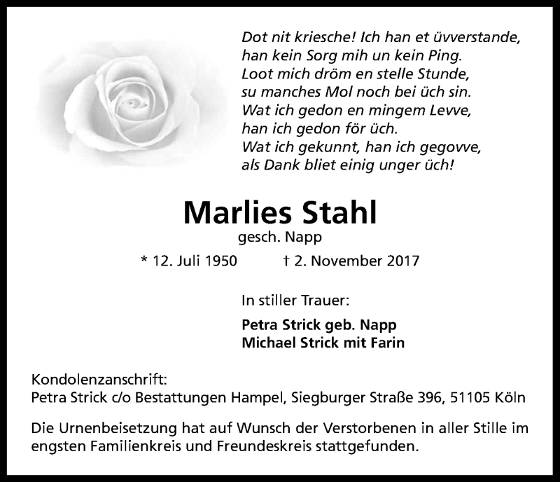  Traueranzeige für Marlies Stahl vom 18.11.2017 aus Kölner Stadt-Anzeiger / Kölnische Rundschau / Express