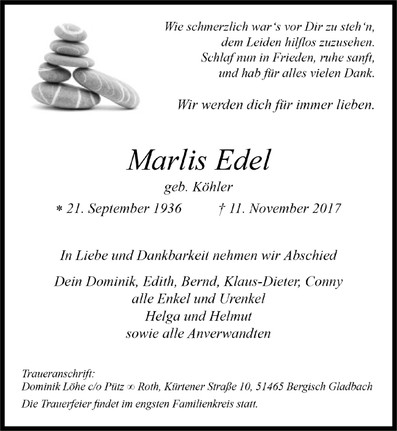  Traueranzeige für Marlis Edel vom 22.11.2017 aus  Bergisches Handelsblatt 