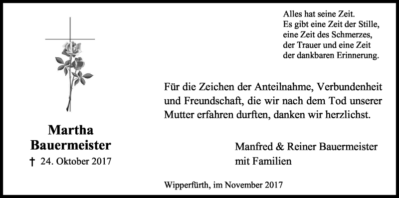  Traueranzeige für Martha Bauermeister vom 25.11.2017 aus Kölner Stadt-Anzeiger / Kölnische Rundschau / Express