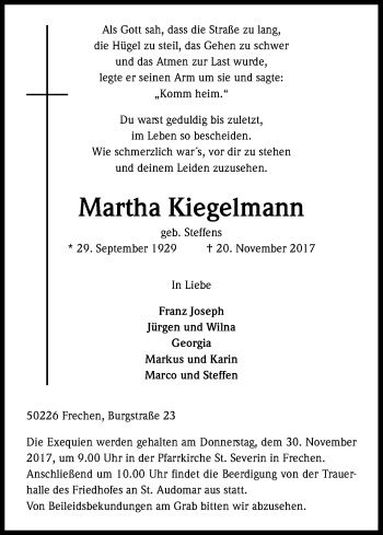 Anzeige von Martha Kiegelmann von Kölner Stadt-Anzeiger / Kölnische Rundschau / Express