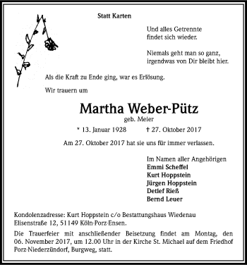 Anzeige von Martha Weber-Pütz von Kölner Stadt-Anzeiger / Kölnische Rundschau / Express