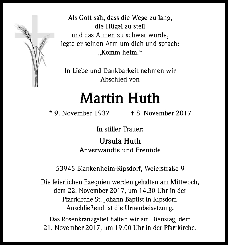  Traueranzeige für Martin Huth vom 15.11.2017 aus Kölner Stadt-Anzeiger / Kölnische Rundschau / Express