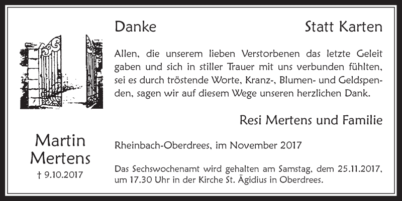  Traueranzeige für Martin Mertens vom 15.11.2017 aus  Schaufenster/Blickpunkt 