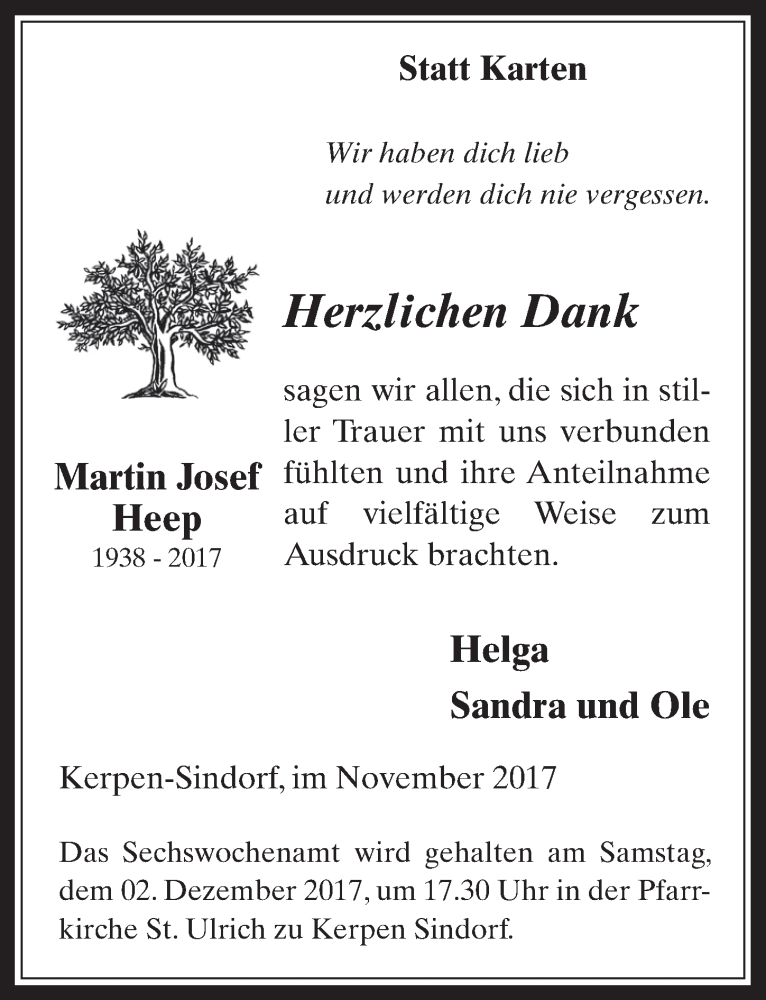  Traueranzeige für Martin Josef Heep vom 29.11.2017 aus  Werbepost 