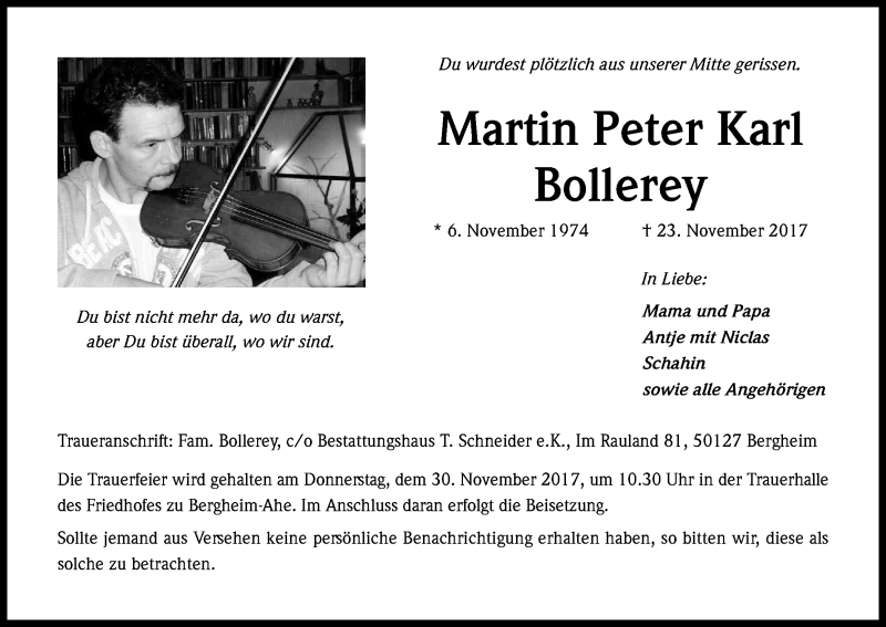  Traueranzeige für Martin Peter Karl Bollerey vom 28.11.2017 aus Kölner Stadt-Anzeiger / Kölnische Rundschau / Express