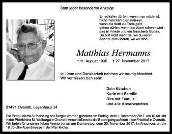 Anzeige von Matthias Hermanns von Kölner Stadt-Anzeiger / Kölnische Rundschau / Express