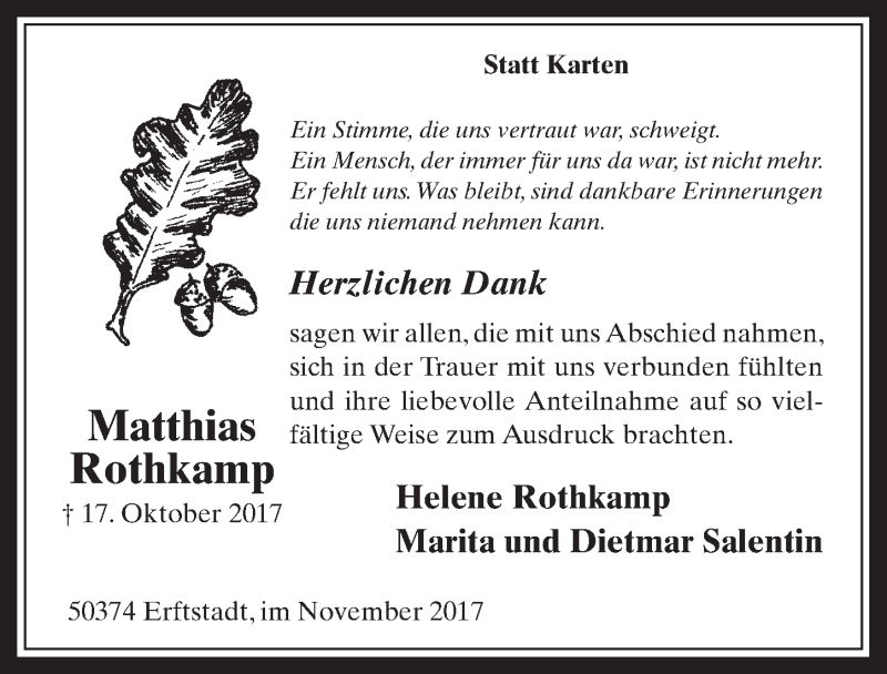  Traueranzeige für Matthias Rothkamp vom 08.11.2017 aus  Werbepost 