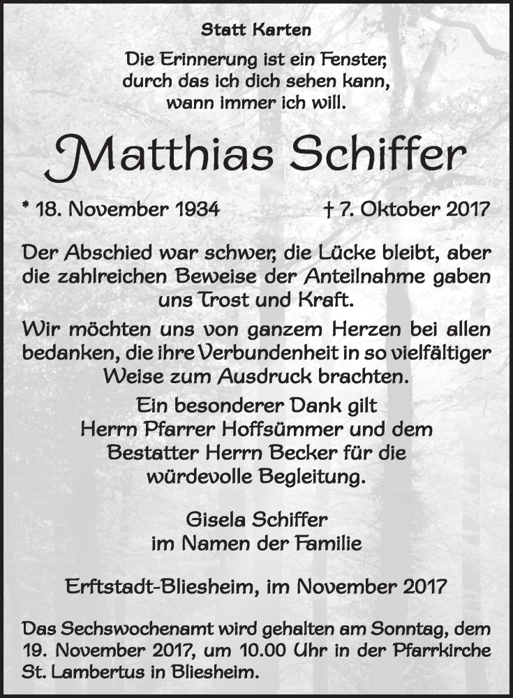  Traueranzeige für Matthias Schiffer vom 02.11.2017 aus  Werbepost 
