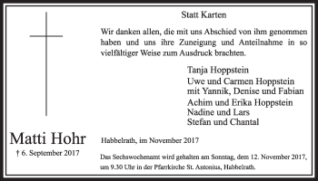 Anzeige von Matti Hohr von  Sonntags-Post 