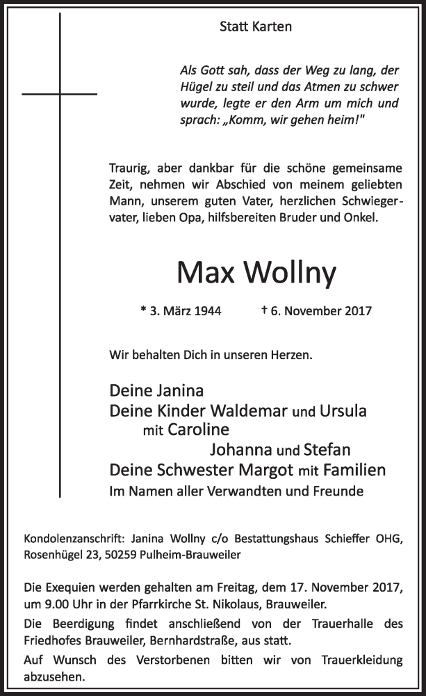  Traueranzeige für Max Wollny vom 11.11.2017 aus  Sonntags-Post 