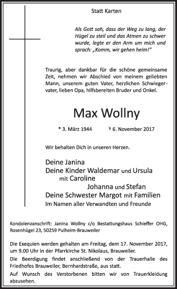 Anzeige von Max Wollny von  Sonntags-Post 