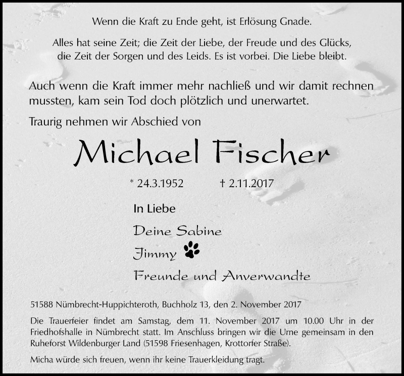  Traueranzeige für Michael Fischer vom 08.11.2017 aus  Lokalanzeiger 