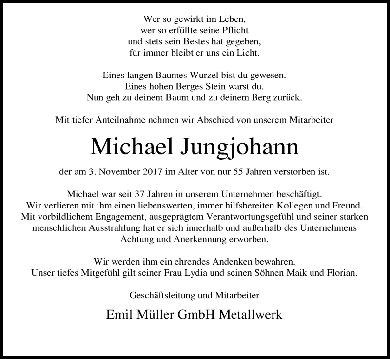  Traueranzeige für Michael Jungjohann vom 11.11.2017 aus Kölner Stadt-Anzeiger / Kölnische Rundschau / Express