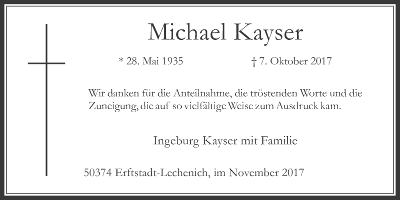  Traueranzeige für Michael Kayser vom 08.11.2017 aus  Werbepost 