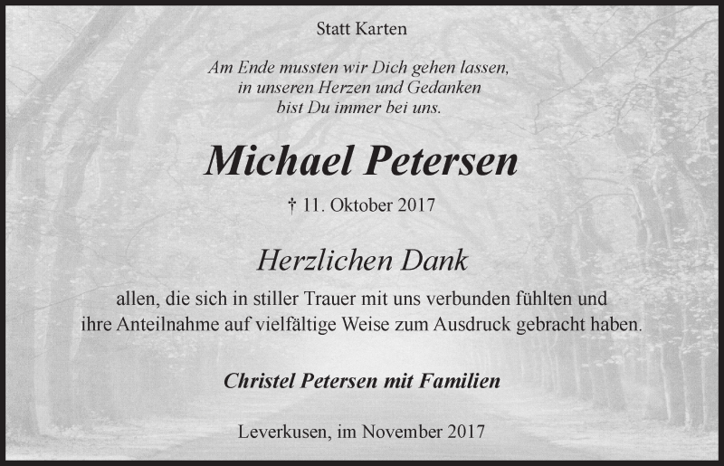  Traueranzeige für Michael Petersen vom 15.11.2017 aus  Lokale Informationen 