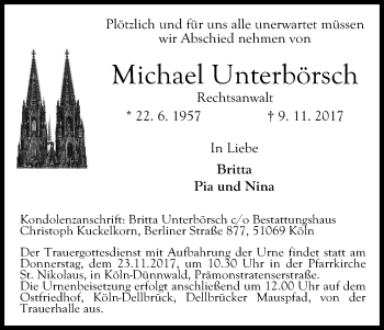 Anzeige von Michael Unterbörsch von Kölner Stadt-Anzeiger / Kölnische Rundschau / Express