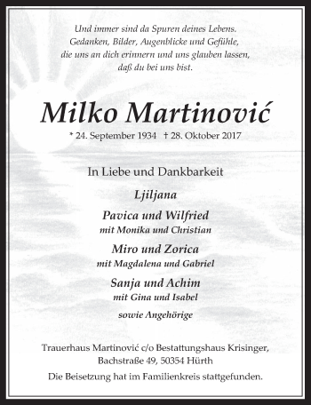 Anzeige von Milko Martinovic von  Wochenende 