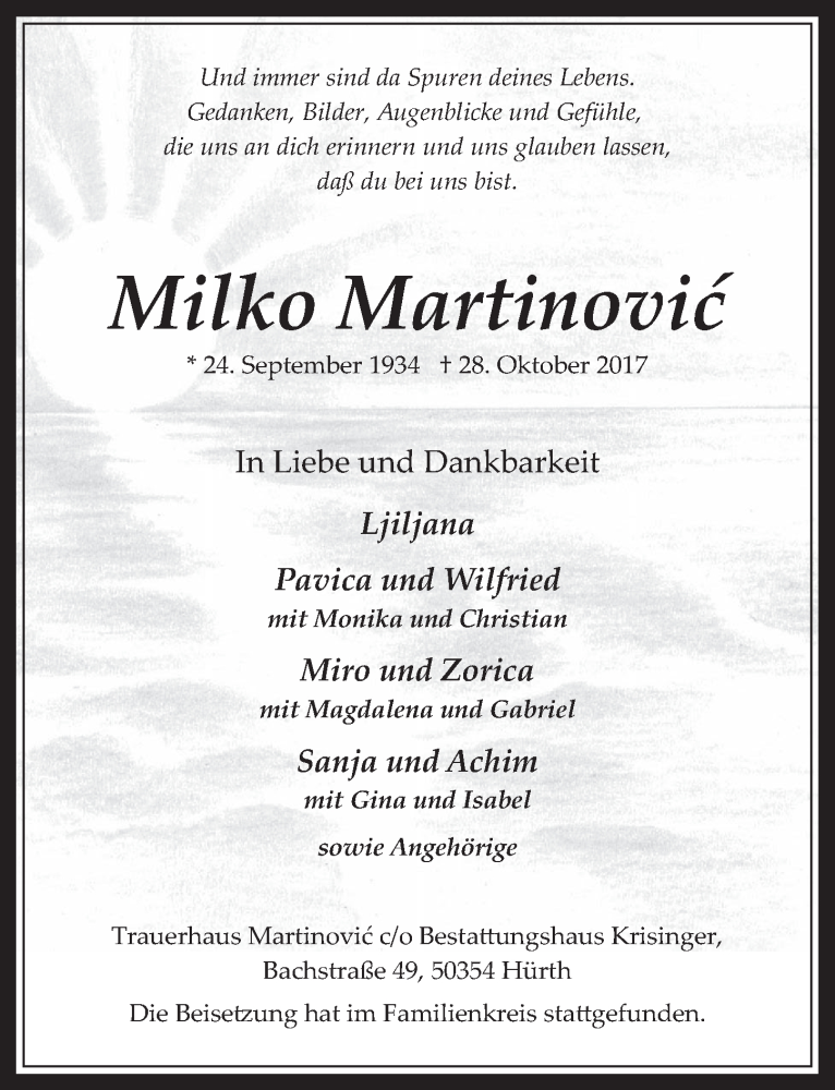  Traueranzeige für Milko Martinovic vom 08.11.2017 aus  Wochenende 