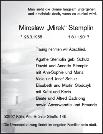Anzeige von Miroslaw Stemplin von  Schlossbote/Werbekurier 