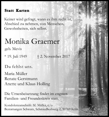 Anzeige von Monika Graemer von Kölner Stadt-Anzeiger / Kölnische Rundschau / Express