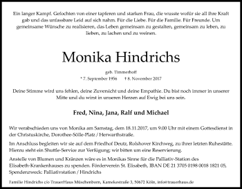 Anzeige von Monika Hindrichs von Kölner Stadt-Anzeiger / Kölnische Rundschau / Express