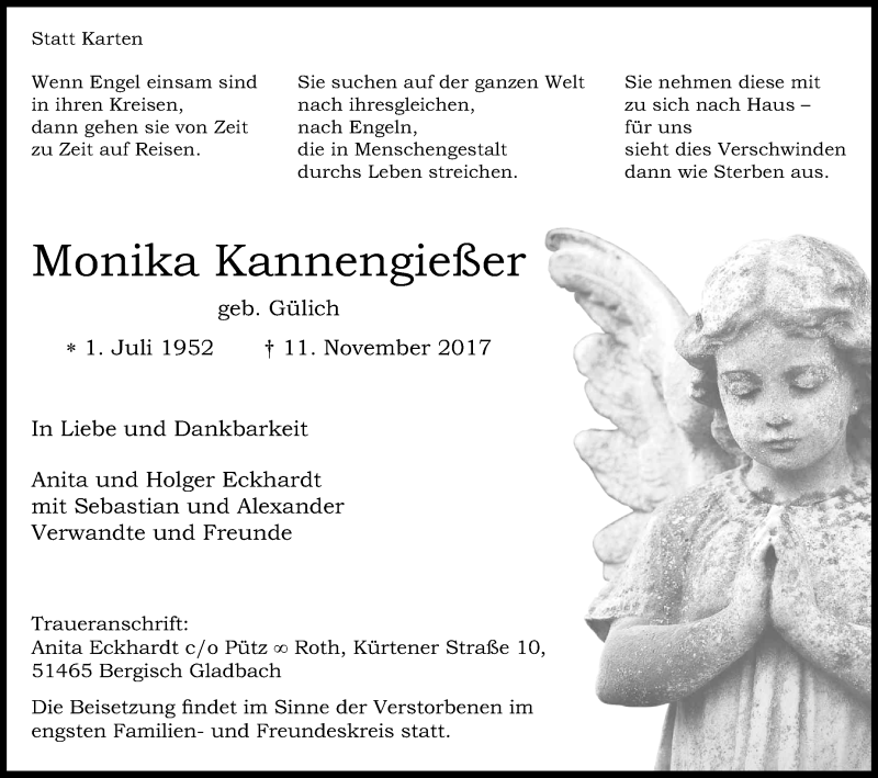  Traueranzeige für Monika Kannengießer vom 18.11.2017 aus Kölner Stadt-Anzeiger / Kölnische Rundschau / Express