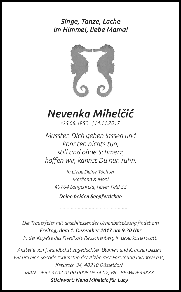  Traueranzeige für Nevenka Mihelcic vom 18.11.2017 aus Kölner Stadt-Anzeiger / Kölnische Rundschau / Express